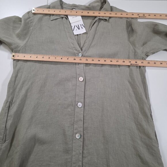 Zara Shirt Dress L Khaki Green Linen LS Roll Up Tab Slits Buttons Coastal Boho - Picture 5 of 16